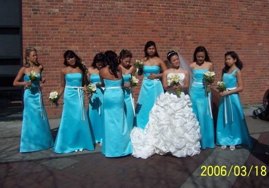 blue bridesmaid dress with white sash
